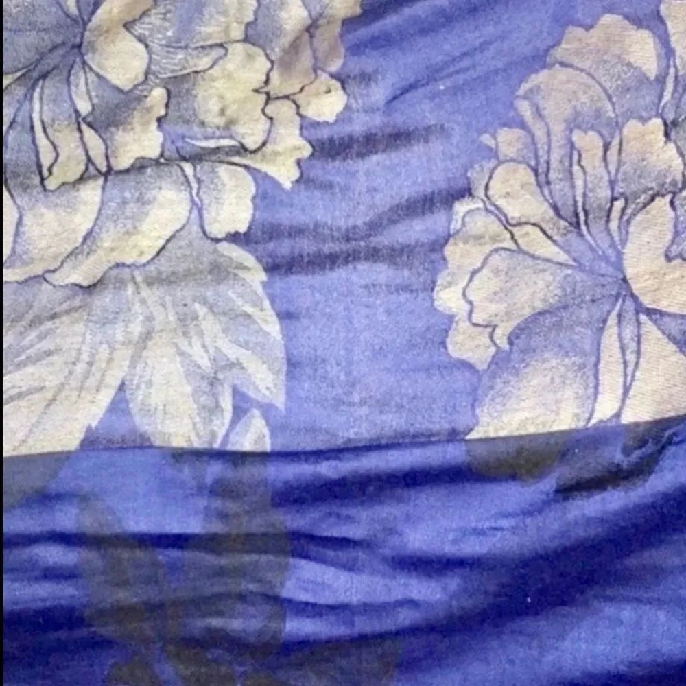 Large Damask Floral Print Scarf/Wrap | Blue/Purple with Twisted Fringes 68”x20”